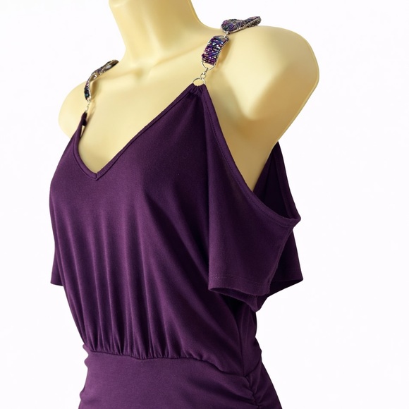 Rhapsody Purple Cold Shoulder Beaded Strap Y2K Top Ruched XS Small - Picture 4 of 6